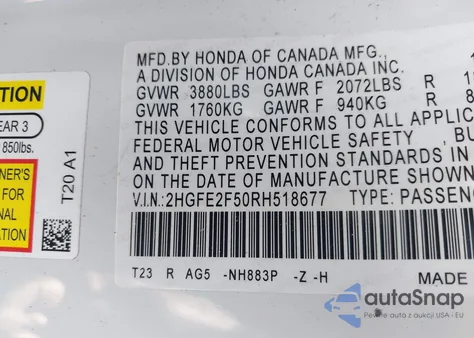 2024 Honda Civic Sport из США, поврежденный, VIN 2HGFE2F50RH518677